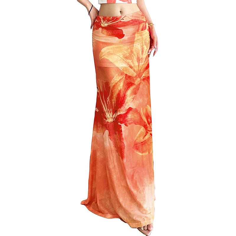 Vacation Style Printed Semi See-through High Waist Slim Skirt - kinko