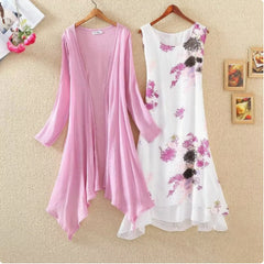 Long Sleeves Outer Match Shawl Mid-length Cotton And Linen Printed Irregular Dress - kinko