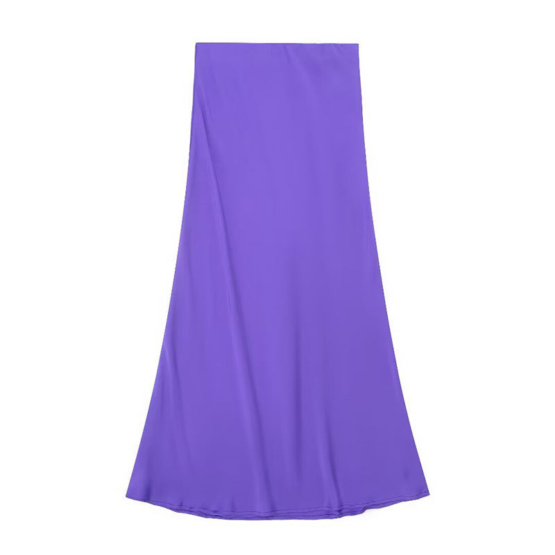 Solid Color Slim Silk Satin Texture Midi Skirt - kinko