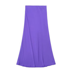 Solid Color Slim Silk Satin Texture Midi Skirt - kinko