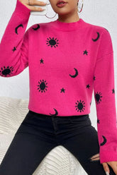 Graphic Mock Neck Dropped Shoulder Sweater - kinko