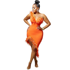 V-neck Sleeveless Chest Feather Irregular Midi Dress - kinko