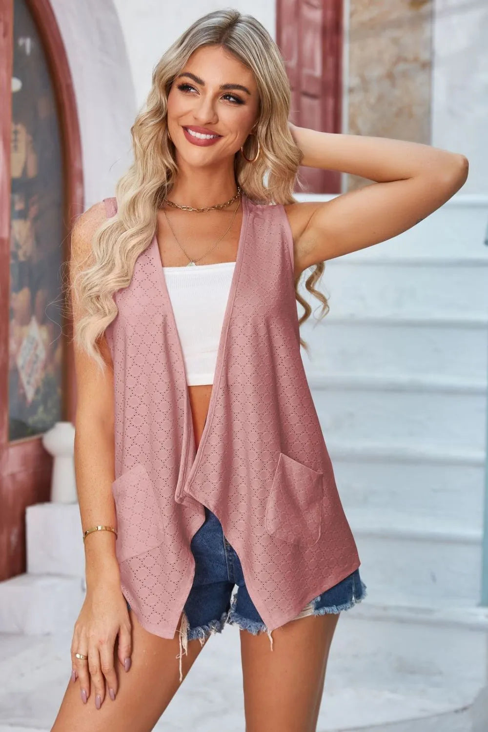 Eyelet Open Front Sleeveless Cardigan - kinko