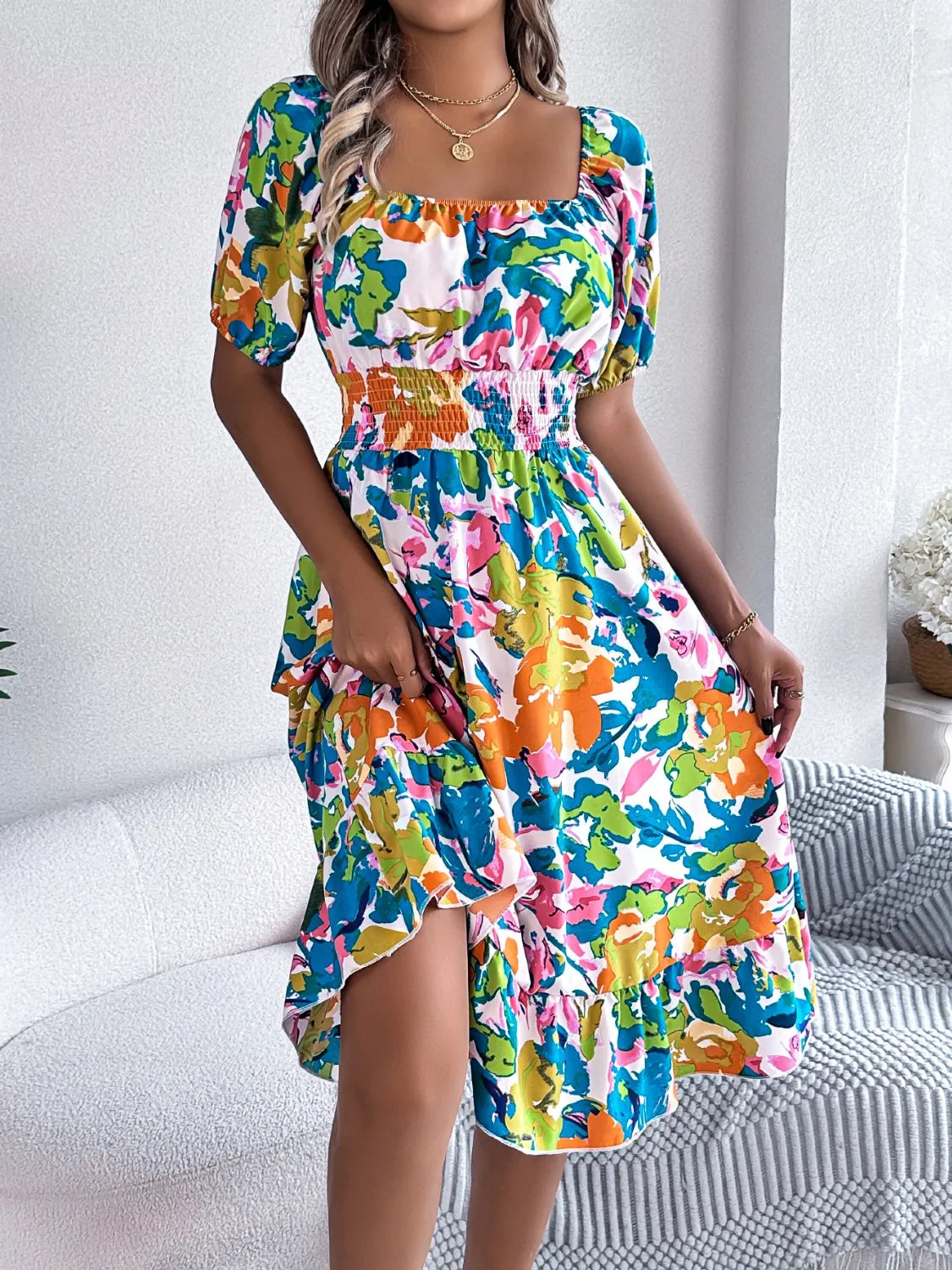 Ruffled Hem Smocked Floral Short Sleeve Midi Dress - kinko