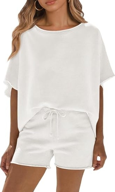 Fisoew Womens Summer 2 Piece Outfits Oversized Casual Short Sleeve Tops And High Waisted Shorts Workout Lounge Short Sets - kinko