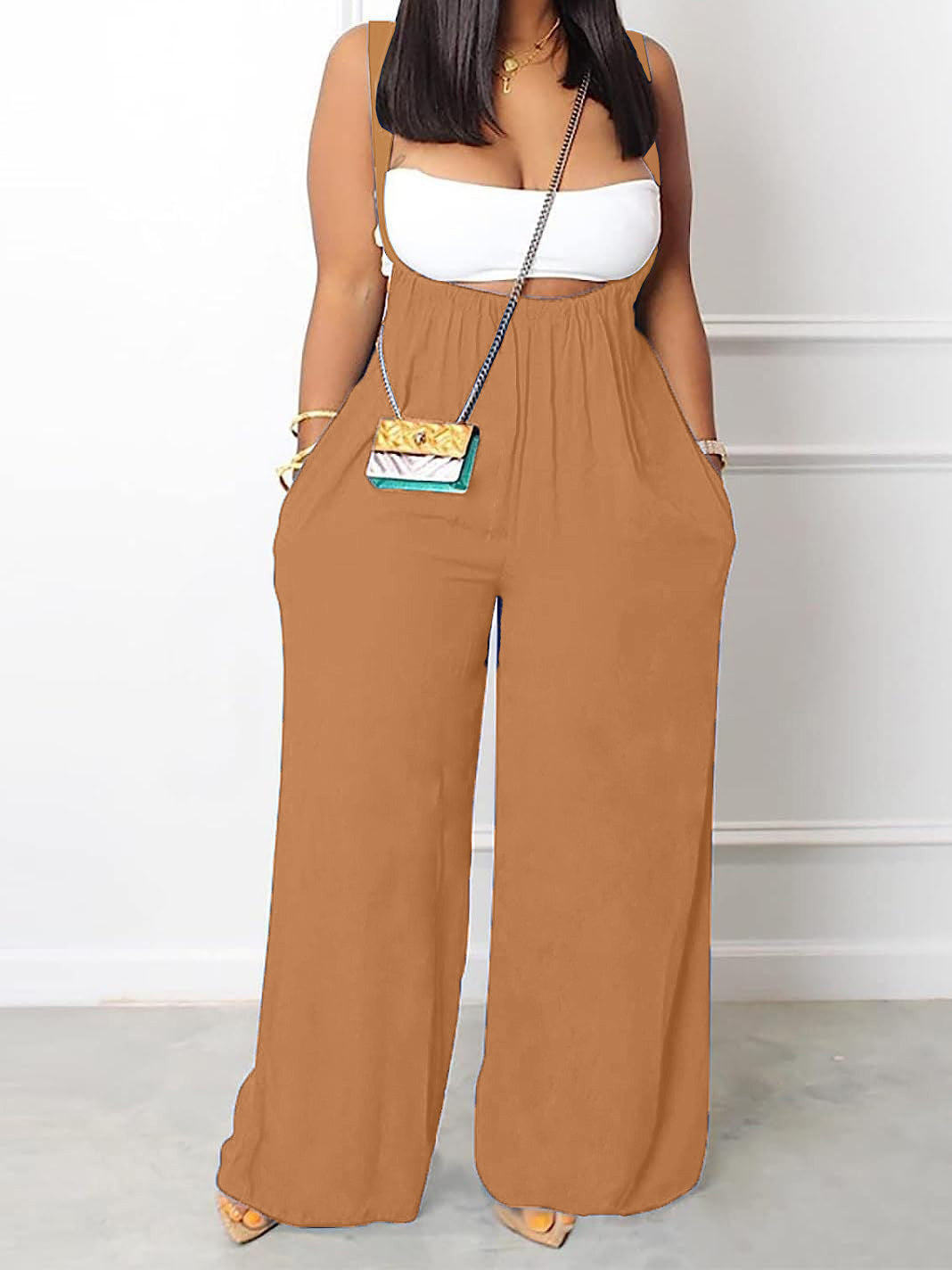 Plus Size Solid Color Pocket Overalls Casual Women's Pants - kinko