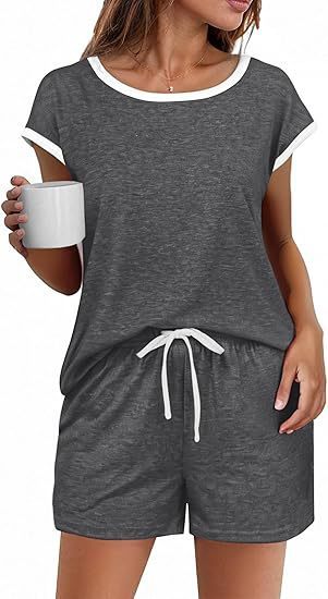 Short Sleeve Color-block Crew Neck Top Waist Drawstring Suit - kinko