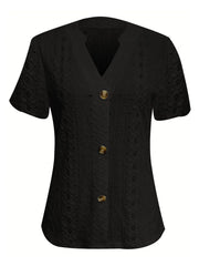 Openwork Notched Short Sleeve Top - kinko