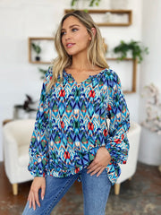 Double Take Full Size Printed Balloon Sleeve Blouse - kinko