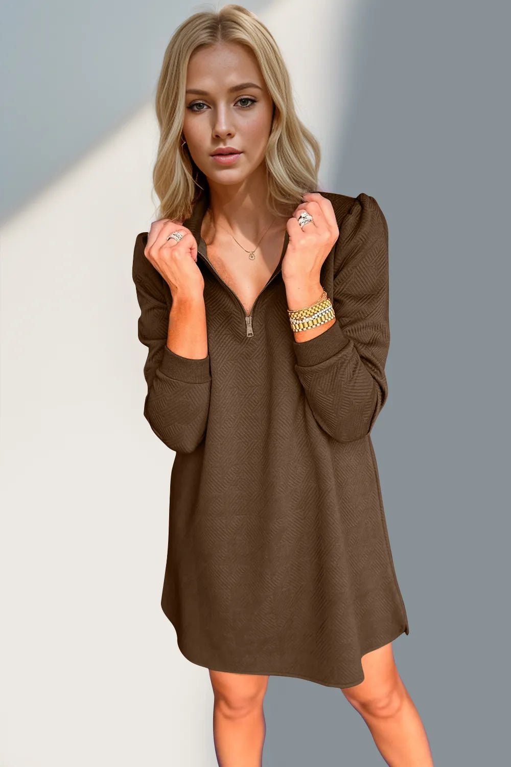 Double Take Textured Quarter Zip Long Sleeve Dress - kinko