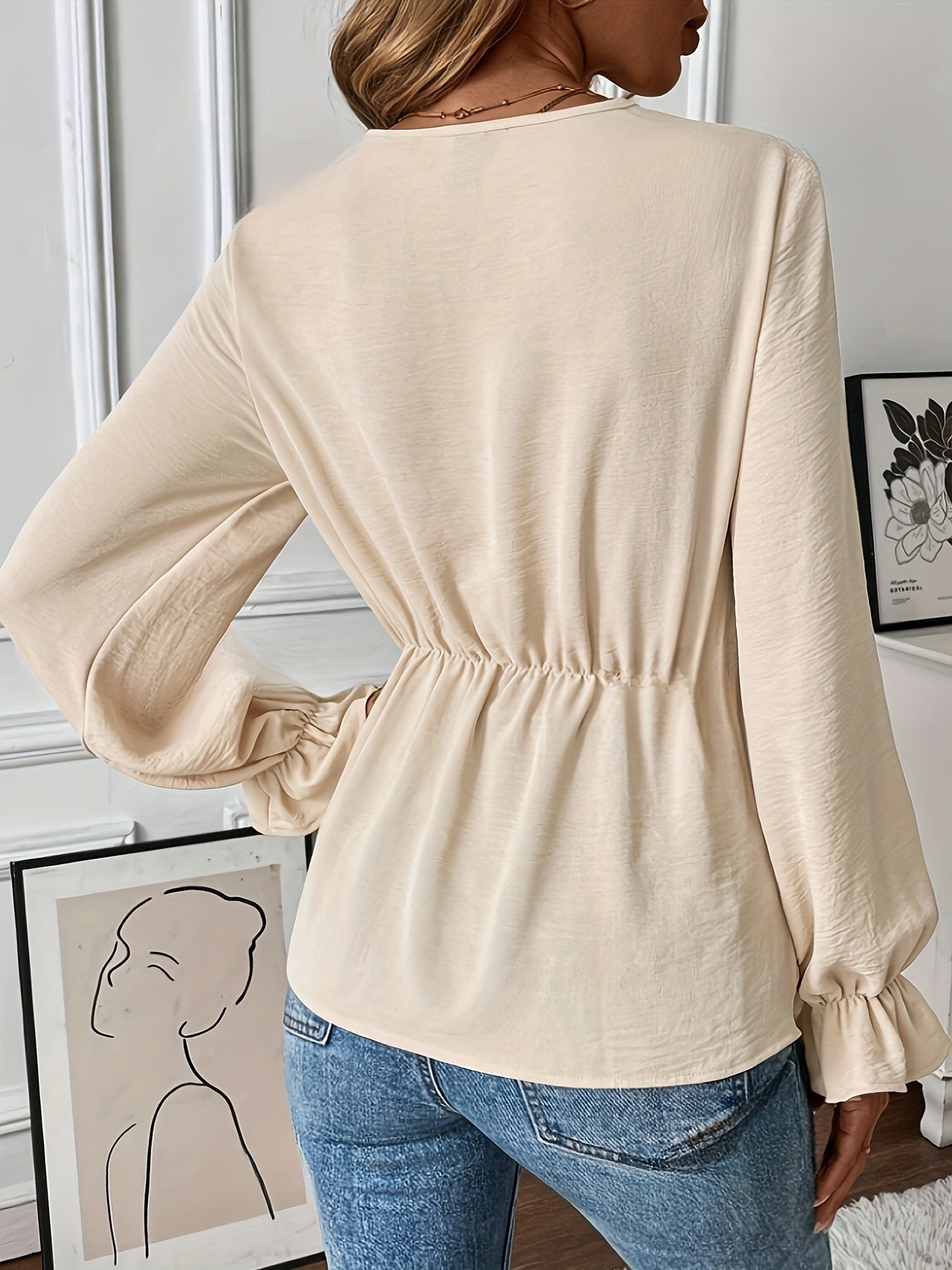 Women's Solid Color Elegant V-neck Long Sleeve Shirt Top - kinko
