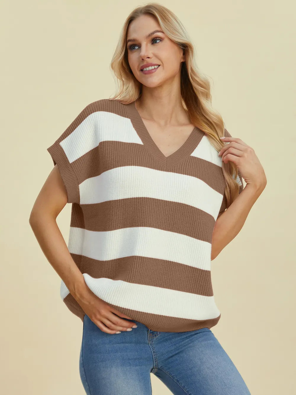 Double Take Full Size Striped V-Neck Short Sleeve Sweater - kinko