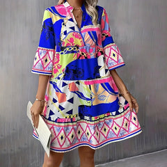 Womens Mini Dress Casual V-Neck Printed Flared Sleeve Pleated Short Beach Dresses - kinko