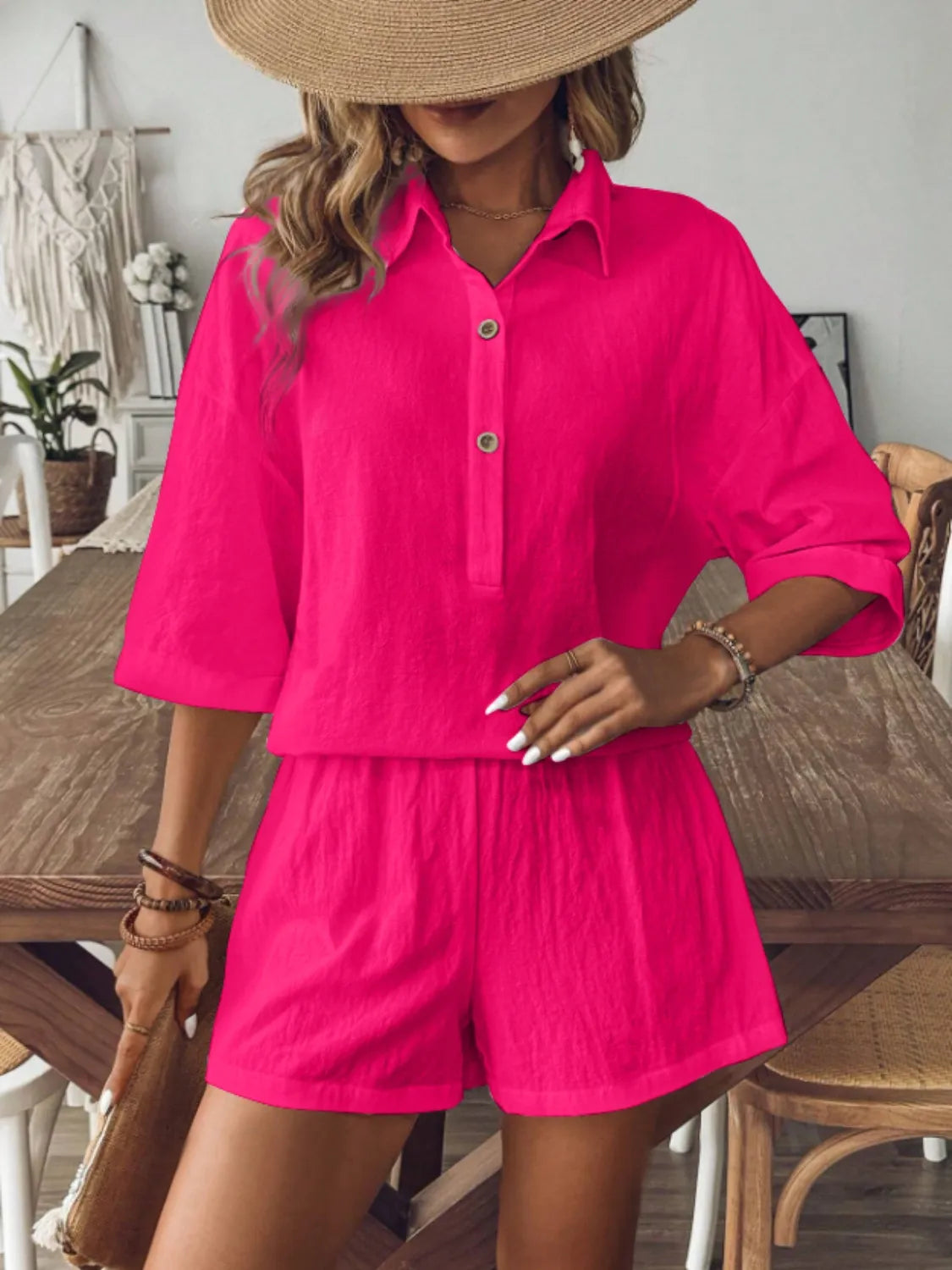 Collared Neck Half Sleeve Top and Shorts Set - kinko