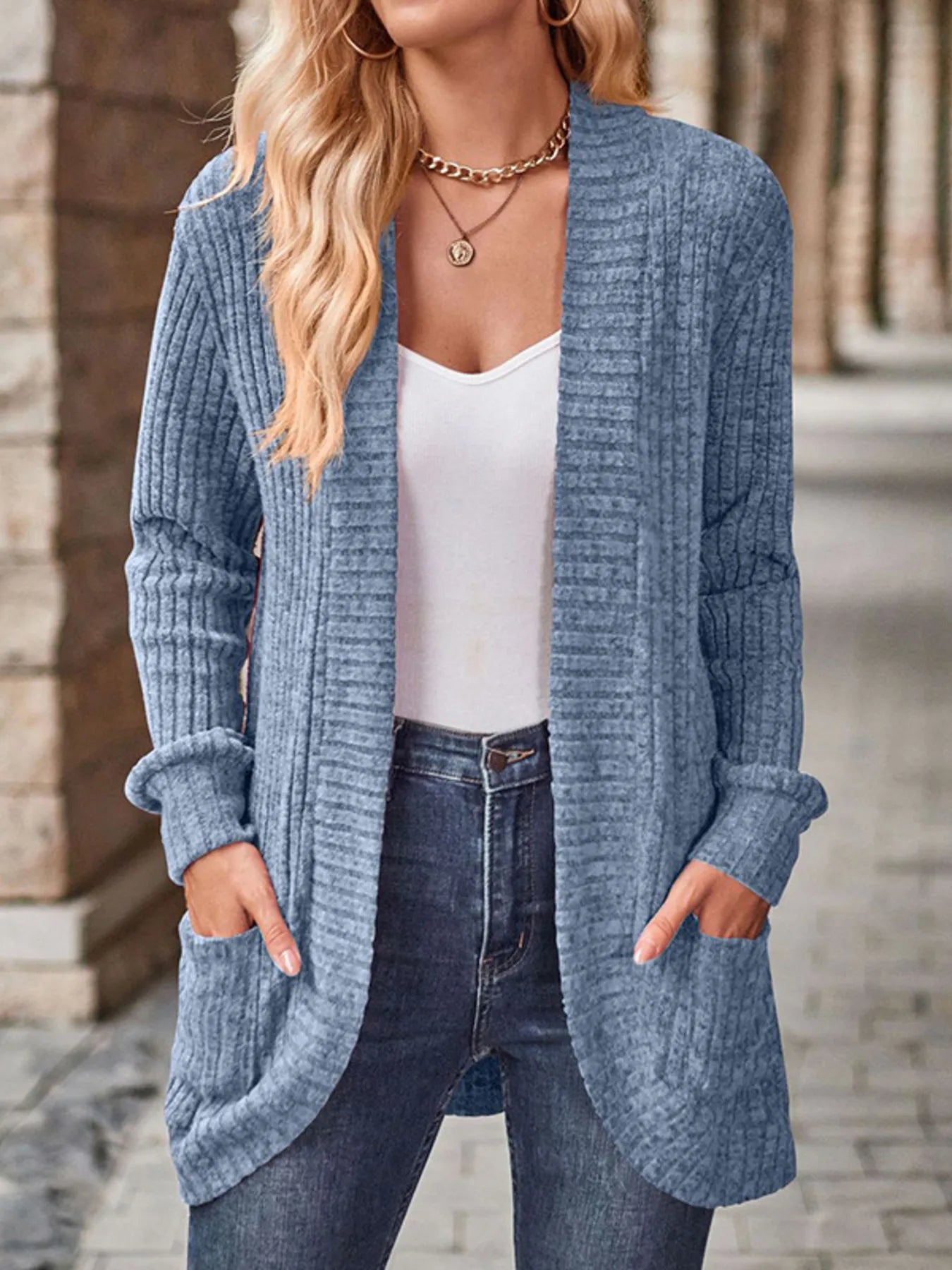 Ribbed Knit Open Front Cardigan with Pockets - kinko