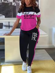 Contrast Color Striped Short Sleeve With Wide Leg Pants Suit - kinko