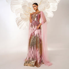 Mesh Long Sleeve V-neck Sequins Large Swing Evening Dress - kinko