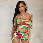 Color Floral-print Off-shoulder Tied Top Tight Shorts Two-piece Suit - kinko