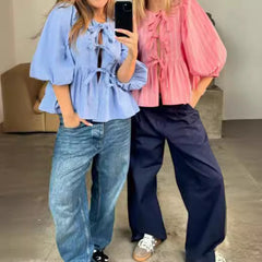 Vertical Striped Bow Lace-up Shirt Loose Round Neck Half Sleeve Shirt - kinko