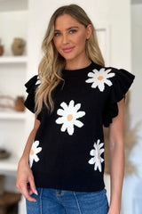 Double Take Full Size Ruffled Flower Round Neck Cap Sleeve Sweater - kinko