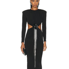 Sexy Backless Black Long Sleeve Hollow Flower Tassel Decoration Dress - kinko