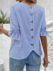 Striped Round Neck Half Sleeve Casual Blouse - kinko