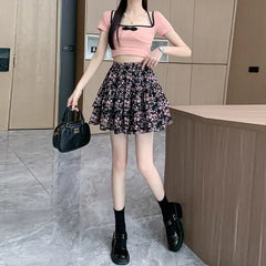 French Style Vintage And Little Fresh Cherry Floral A- Line Skirt - kinko