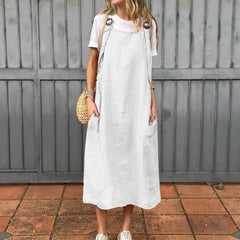 Summer Women's Adjustable Shoulder Strap Casual Cotton And Linen Dress - kinko