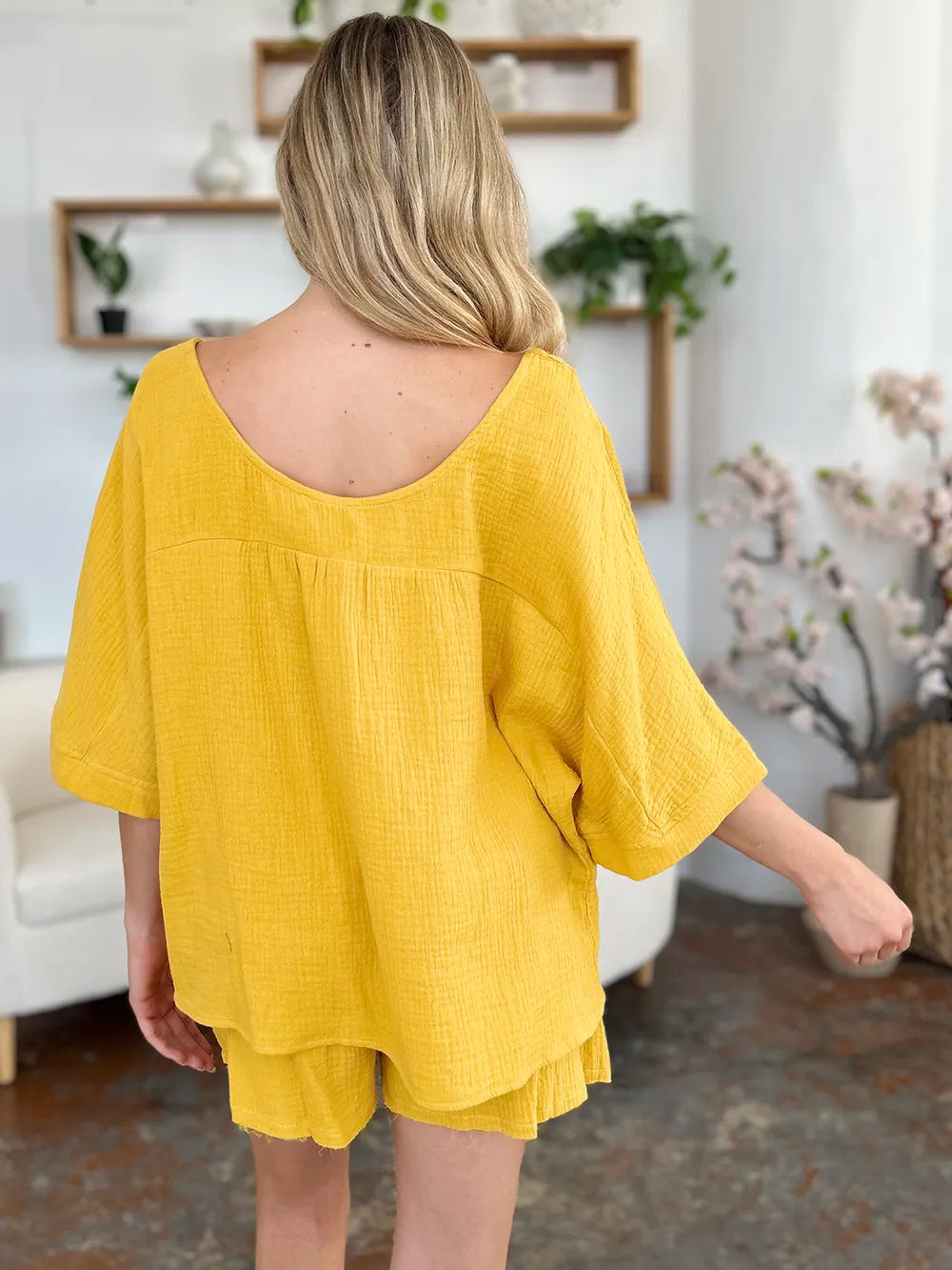 Double Take Texture Half Sleeve T-Shirt and Drawstring Shorts Set - kinko