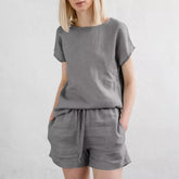Short Sleeve Cotton Linen Retro Fashion Solid Color Top Shorts Suit - kinko