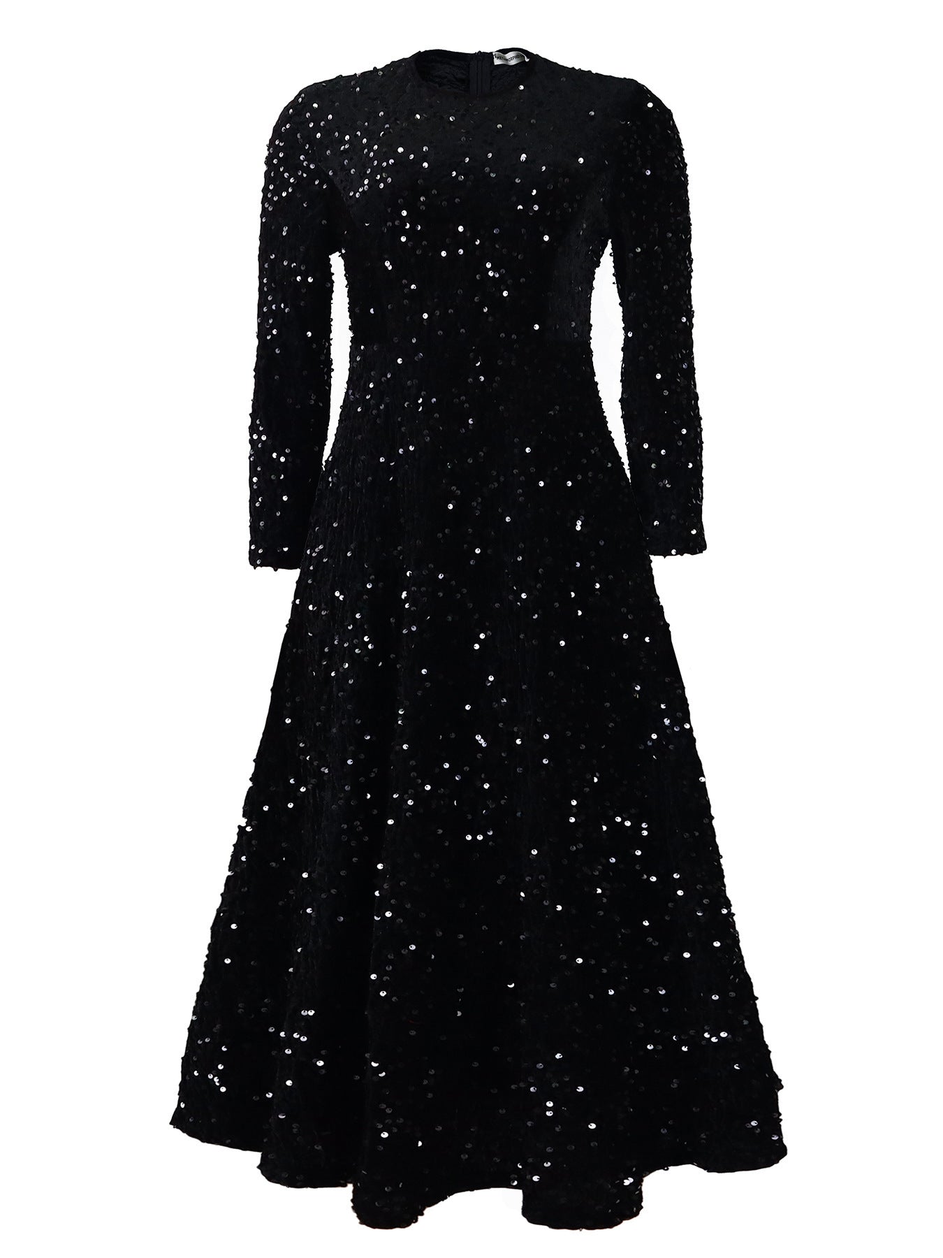 Women's Round Neck Long Sleeve Pure Color Sequins Mid-length Formal Dress - kinko