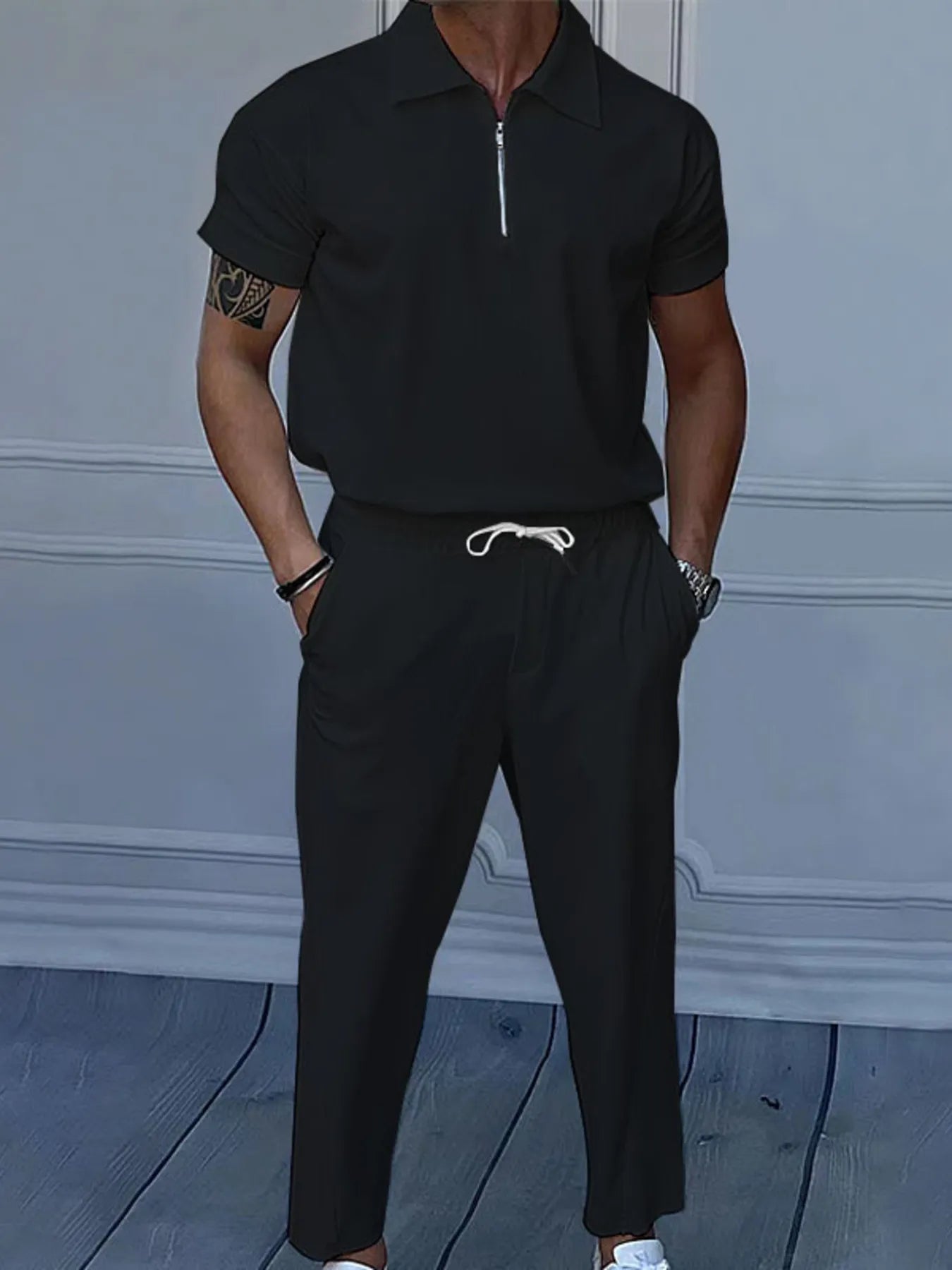 Men's Full Size Quarter Zip Short Sleeve Polo and Pants Set Plus Size - kinko