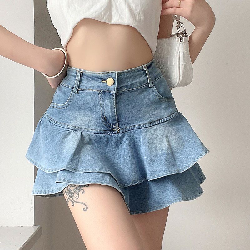 Women's Double-layer Ruffled Denim Skirt Retro Easy Matching High Waist Slimming - kinko