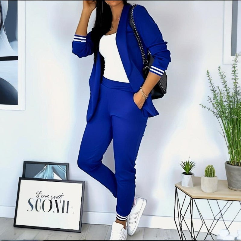 Women's Solid Color Suit Set - Striped Pocket Long Sleeve Blazer & Elastic Waist Trousers Professional Two-Piece Outfit - kinko