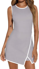 Round Neck Contrasting Color Side Slit A-line Tennis Skirt - kinko