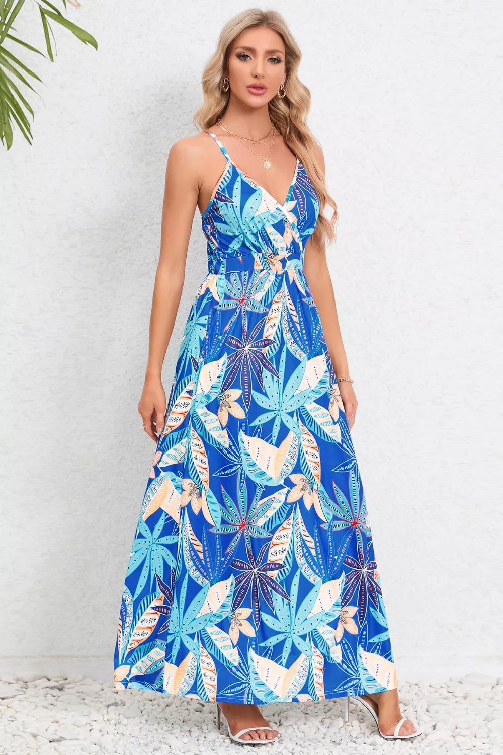Printed Surplice Maxi Cami Dress - kinko