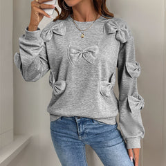 Lässiges Herbst-Sweatshirt mit Schleifenstickerei, grau, Rundhalsausschnitt