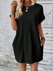 Pocketed Round Neck Short Sleeve Dress - kinko
