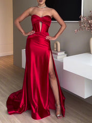 Tube Top Slit Red Extra Long Evening Dress - kinko