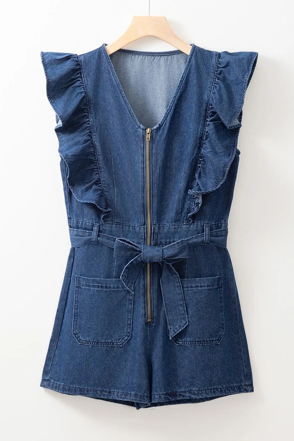 Denim Ruffled Zipped Front Belted Romper - kinko