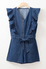 Denim Ruffled Zipped Front Belted Romper - kinko