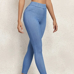 Ladies' Solid Color Denim Printed Tight Leggings, Casual High Waisted Daily Elastic Leggings - kinko