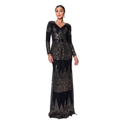 Long Sleeve V-neck Sexy Slim-fit Long Sequined Banquet Evening Dress - kinko
