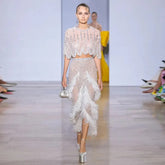 European And American Silver Nude Slim-fit Feather Shawl Host Performance Ladies' Evening Dress - kinko