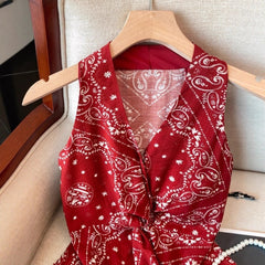 Red Sleeveless Floral Twist Sweet Spicy Waistcoat Top - kinko