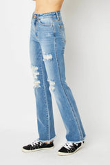 Judy Blue Full Size Distressed Raw Hem Bootcut Jeans - kinko