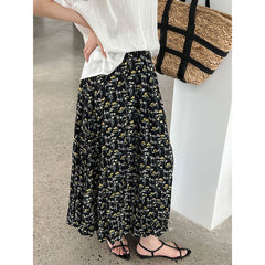 Vintage Floral Women's Summer Loose Pleated High Waist Drooping A- Line Umbrella Skirt - kinko