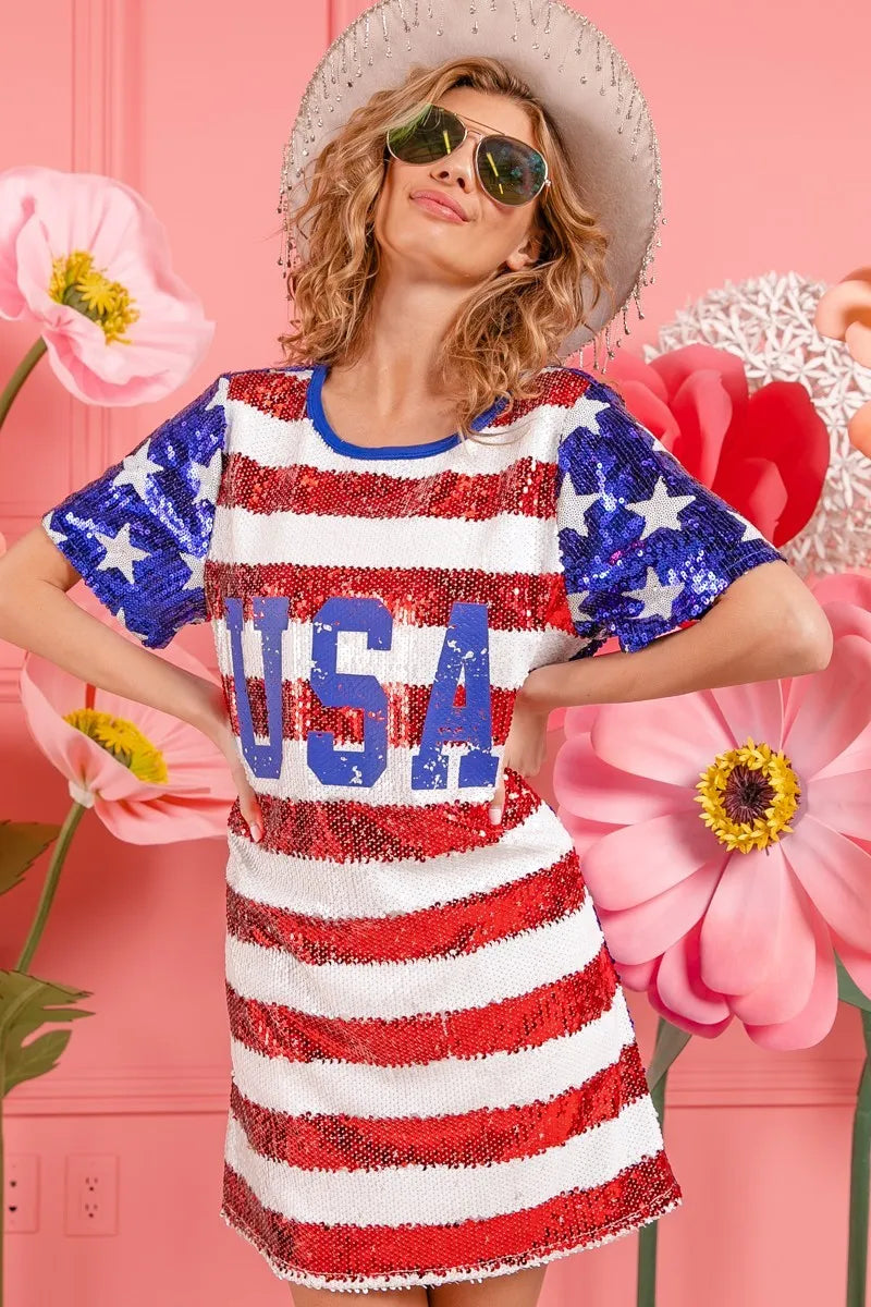 BiBi American Flag Theme Usa Print Sequin Dress - kinko