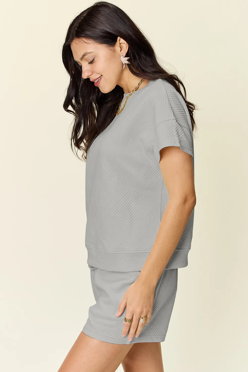 Double Take Full Size Texture Short Sleeve T-Shirt and Drawstring Shorts Set - kinko