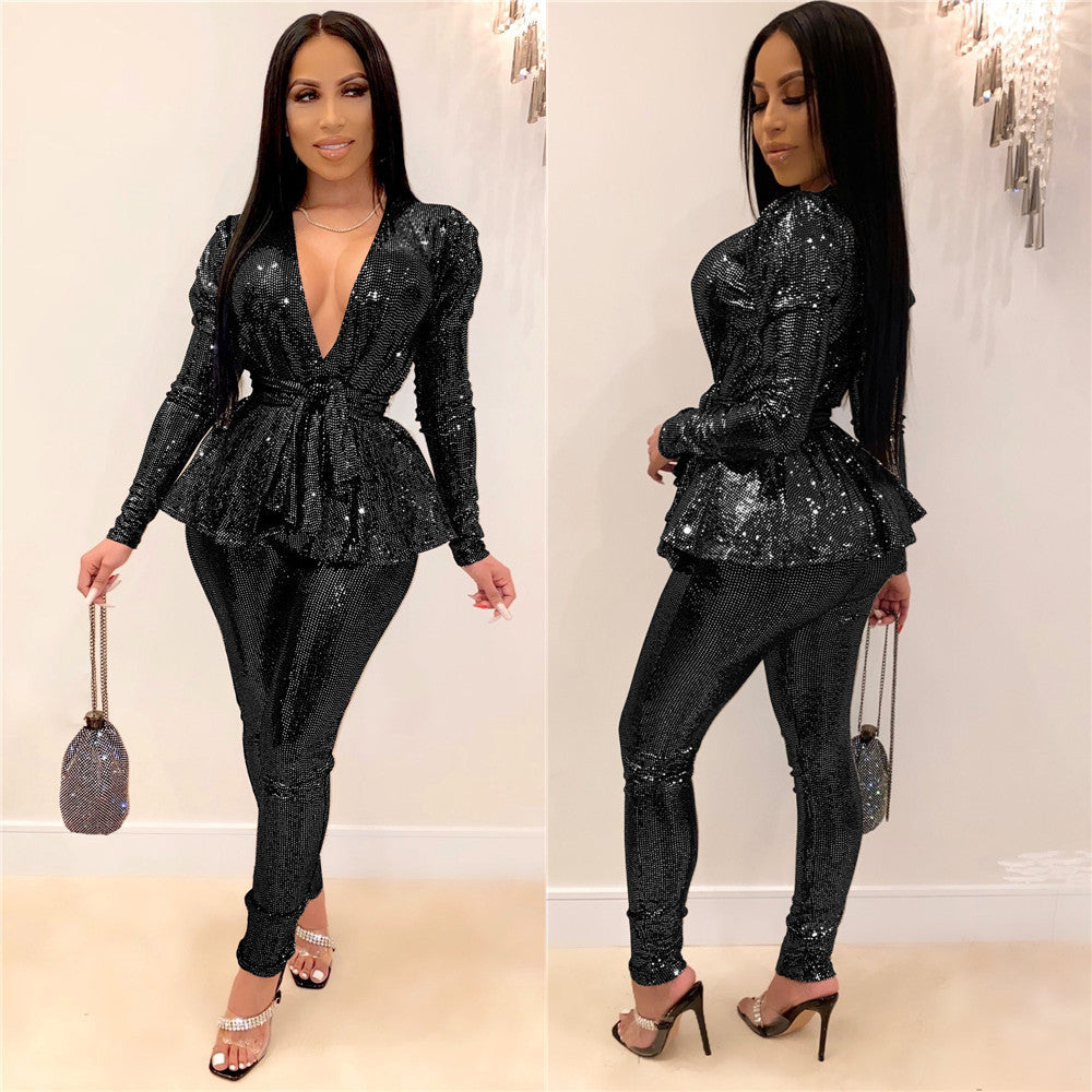 Women's Slim-fit Fashion Bronzing Long-sleeved Two-piece Suit - kinko